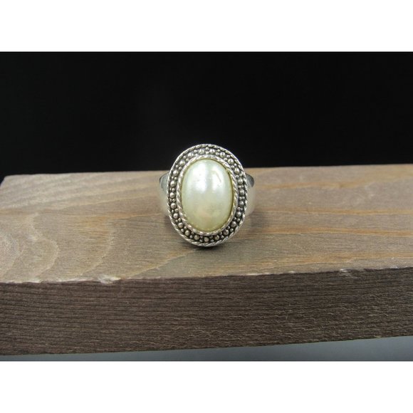 Size 6 Sterling Silver Worn Large Faux Pearl Chunky Band Ring Vintage Statement - Picture 1 of 8